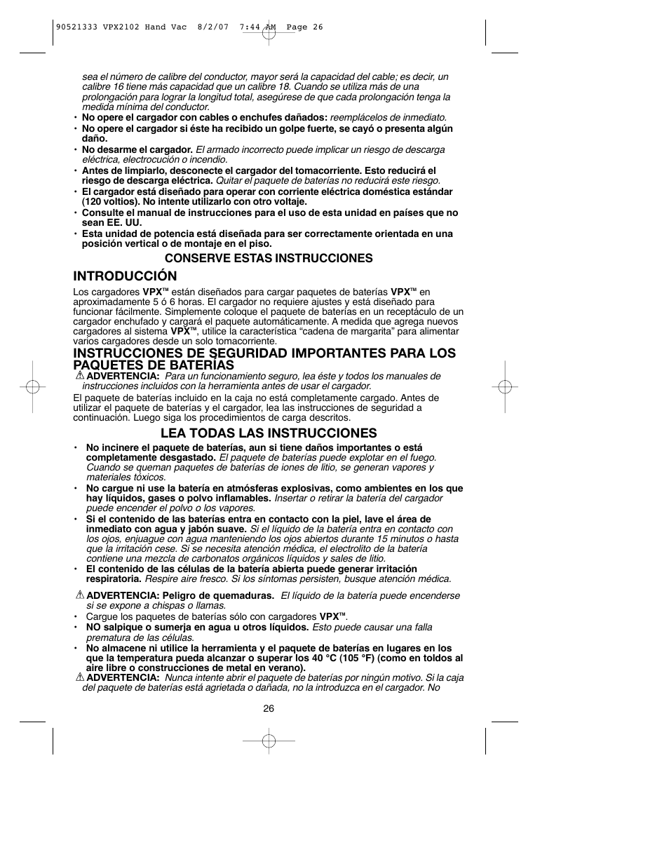 Introducción, Lea todas las instrucciones | Black & Decker VPX2102 User Manual | Page 26 / 32