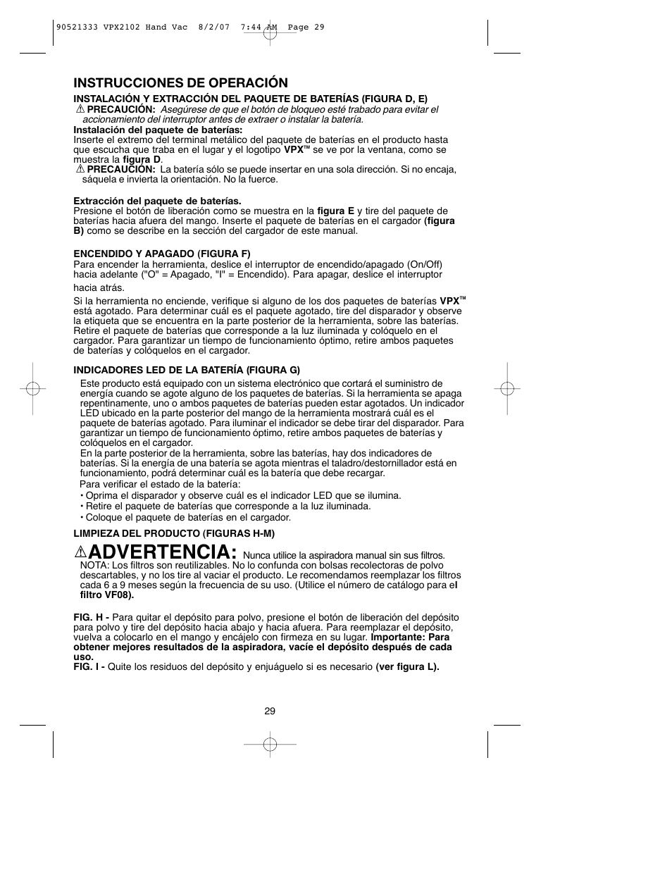 Advertencia, Instrucciones de operación | Black & Decker VPX2102 User Manual | Page 29 / 32