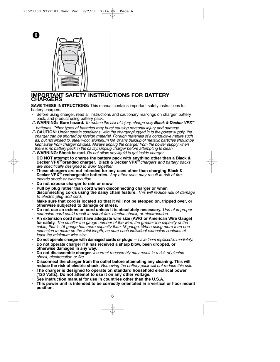 Important safety instructions for battery chargers | Black & Decker VPX2102 User Manual | Page 6 / 32