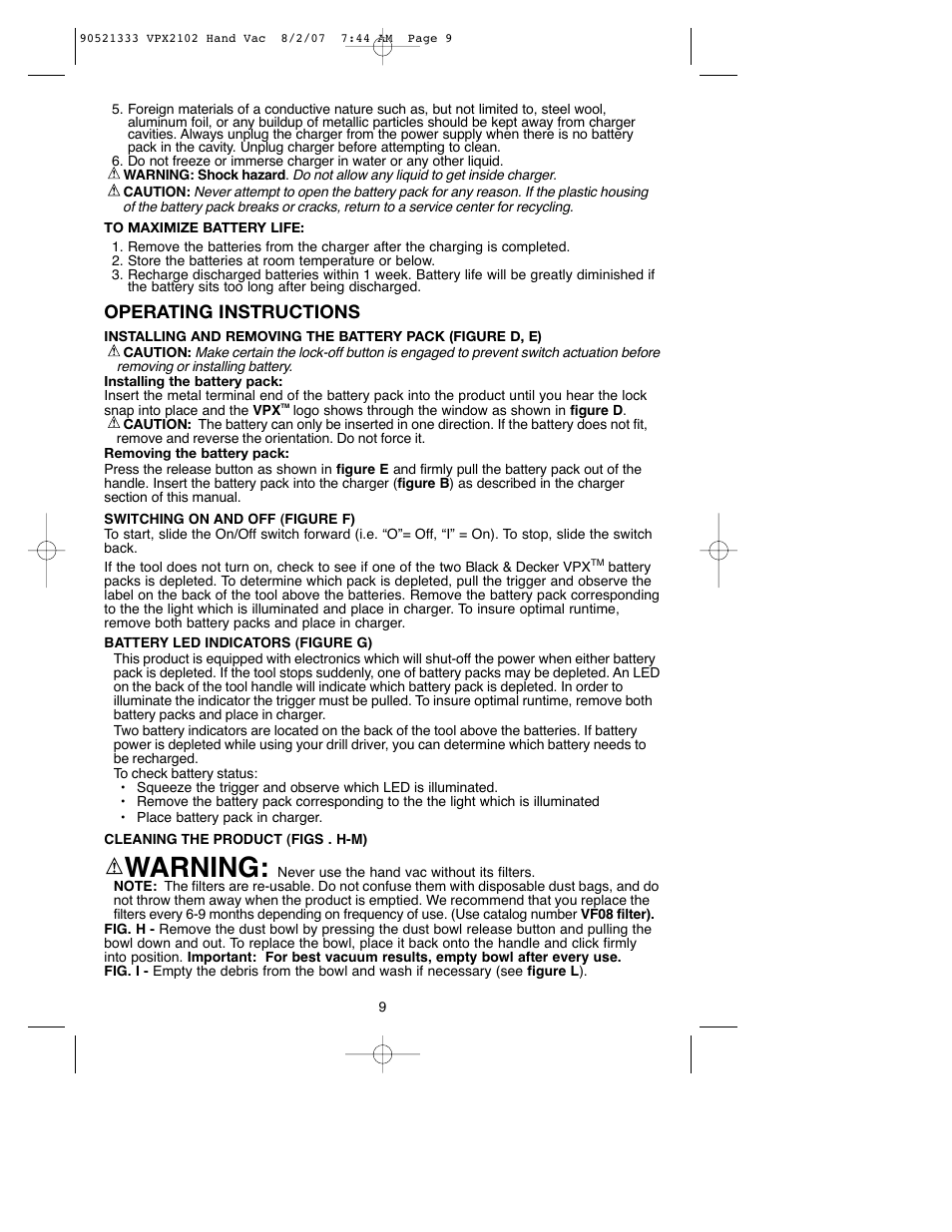 Warning, Operating instructions | Black & Decker VPX2102 User Manual | Page 9 / 32