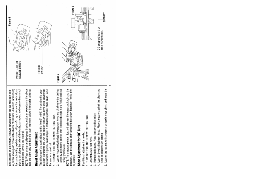 Bevel angle adjustment, Shoe adjustment for 90° cuts | Black & Decker TRIMCAT 2832 User Manual | Page 10 / 16