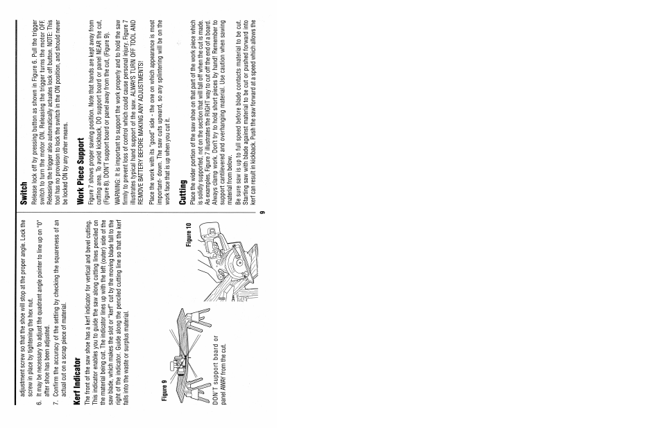 Kerf indicator, Switch, Work piece support | Cutting | Black & Decker TRIMCAT 2832 User Manual | Page 11 / 16