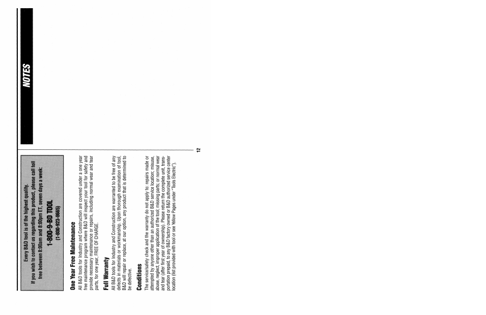 Notes, One year free maintenance, Full warranty | Conditions | Black & Decker TRIMCAT 2832 User Manual | Page 14 / 16