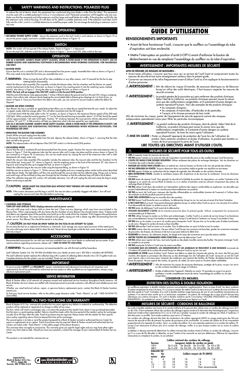 Guide d’utilisation, Renseignements importants, Efore operating | Switch, Operation, Maintenance, Accessories, Important, Service information, Full two-year home use warranty | Black & Decker Leaf Hog 608435-00 User Manual | Page 2 / 4