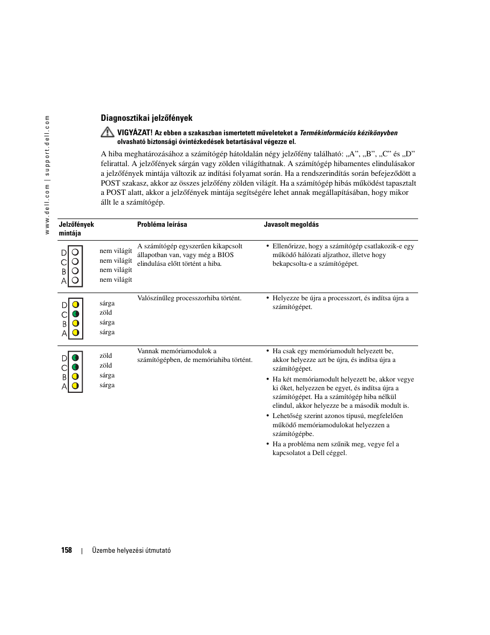 Diagnosztikai jelzõfények, Diagnosztikai jelzőfények, Diagnosztikai jelzőfények” a 158. oldalon | Dell OptiPlex 170L User Manual | Page 158 / 238