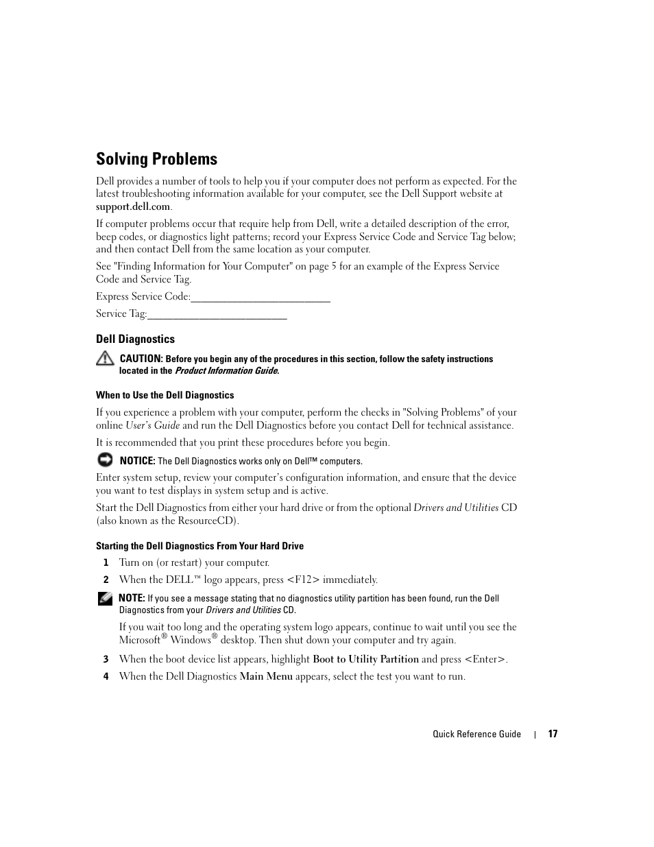 Solving problems, Dell diagnostics | Dell OptiPlex 170L User Manual | Page 17 / 238