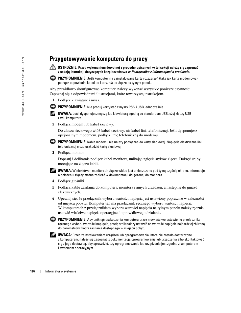 Przygotowywanie komputera do pracy | Dell OptiPlex 170L User Manual | Page 184 / 238