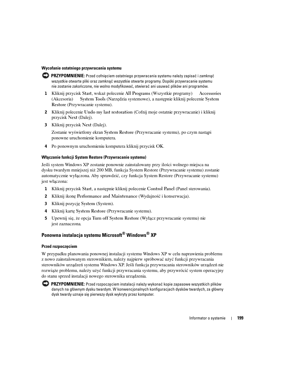 Ponowna instalacja systemu microsoft® windows® xp, Ponowna instalacja systemu microsoft | Dell OptiPlex 170L User Manual | Page 199 / 238