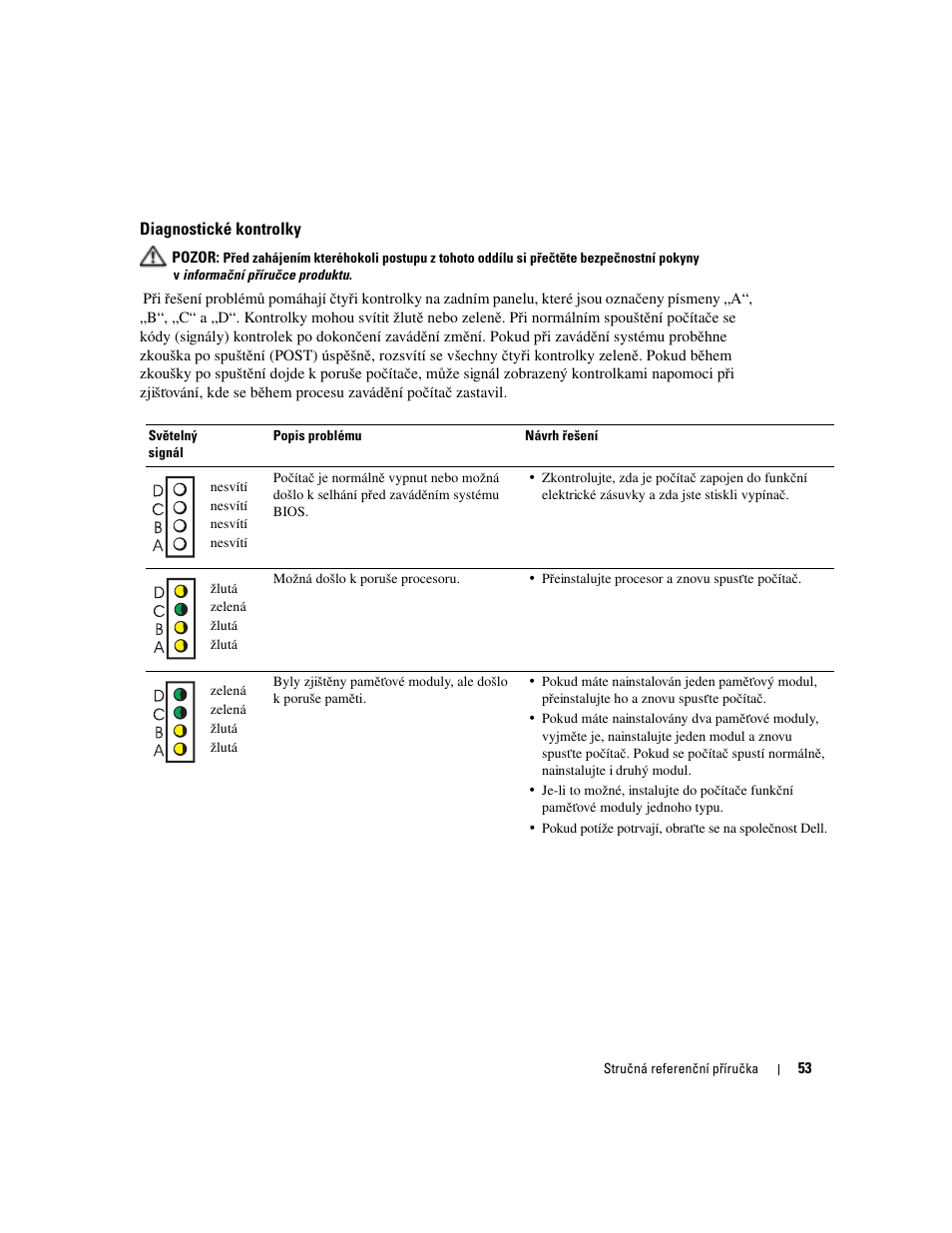 Diagnostické kontrolky, Ásti „diagnostické kontrolky“ na stránce 53 zk, Diagnostické kontrolky“ na stránce 53 | Dell OptiPlex 170L User Manual | Page 53 / 238