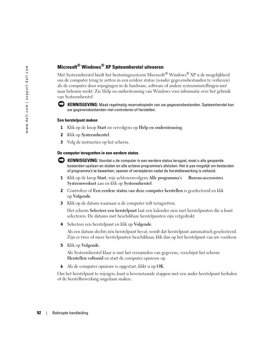 Microsoft® windows® xp systeemherstel uitvoeren, Microsoft | Dell OptiPlex 170L User Manual | Page 92 / 238