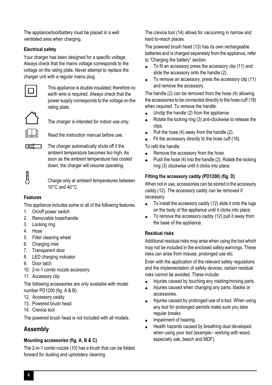 Assembly, Unclip the handle (2) from the appliance, Pull the hose (4) away from the handle (2) | Remove the accessory from the hose, Impairment of hearing | Black & Decker Dustbuster Flexi PD1200 User Manual | Page 6 / 12
