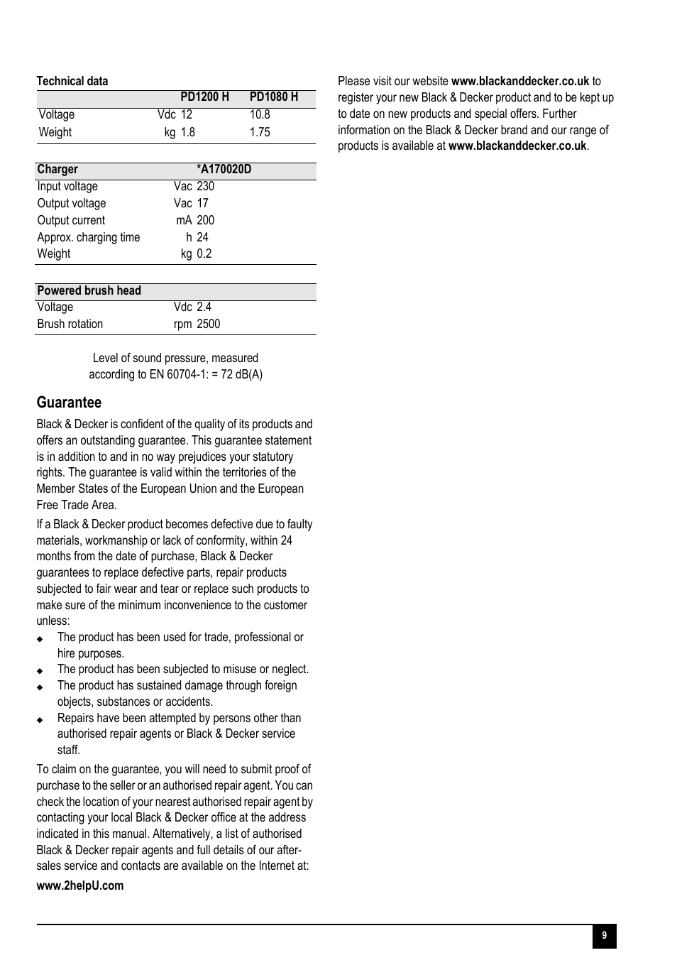 Guarantee | Black & Decker Dustbuster Flexi PD1200 User Manual | Page 9 / 12