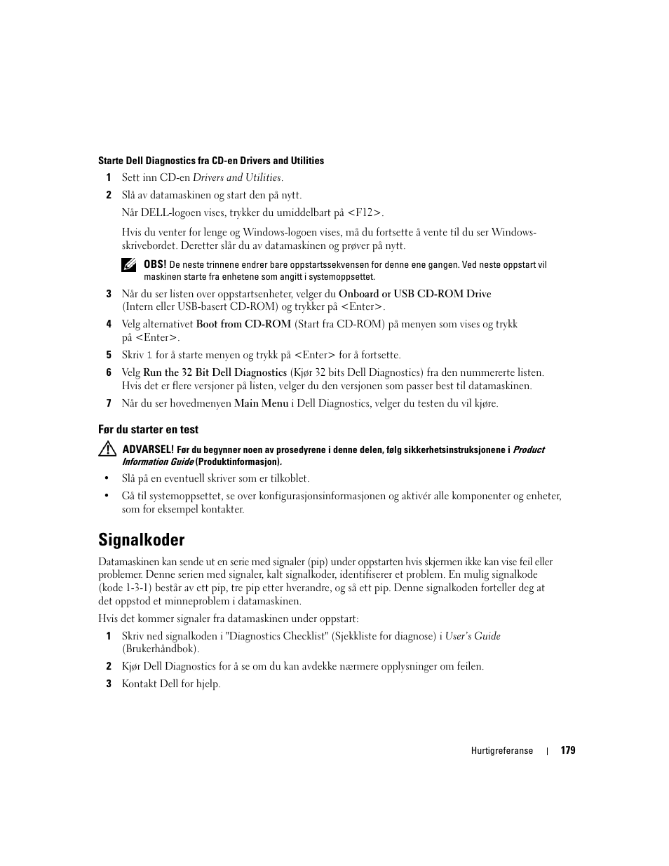 Før du starter en test, Signalkoder | Dell Precision 490 User Manual | Page 179 / 380