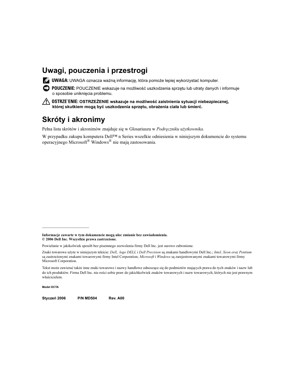 Uwagi, pouczenia i przestrogi, Skróty i akronimy | Dell Precision 490 User Manual | Page 192 / 380