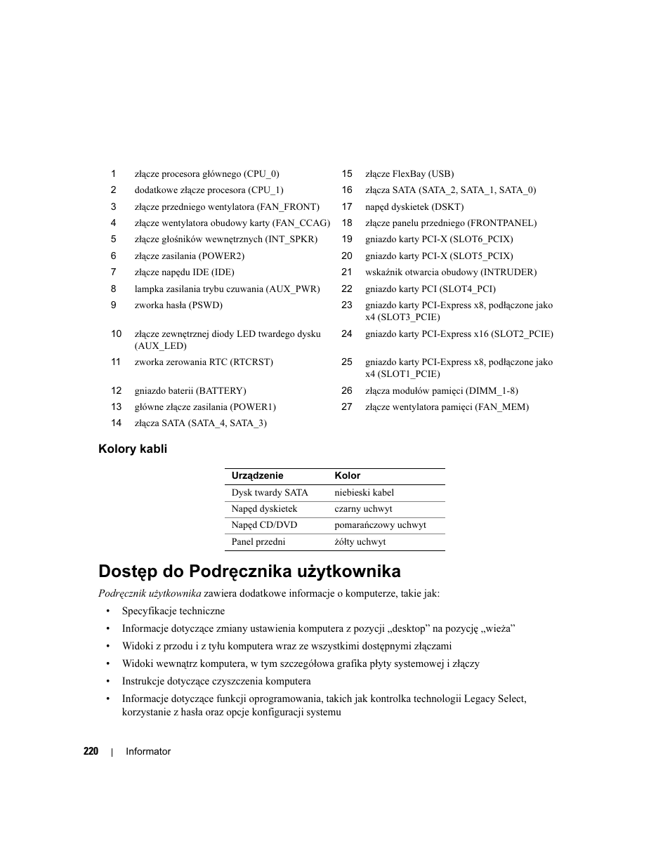 Kolory kabli, Dostęp do podręcznika użytkownika | Dell Precision 490 User Manual | Page 220 / 380