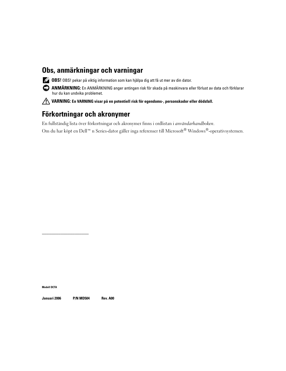 Obs, anmärkningar och varningar, Förkortningar och akronymer | Dell Precision 490 User Manual | Page 290 / 380