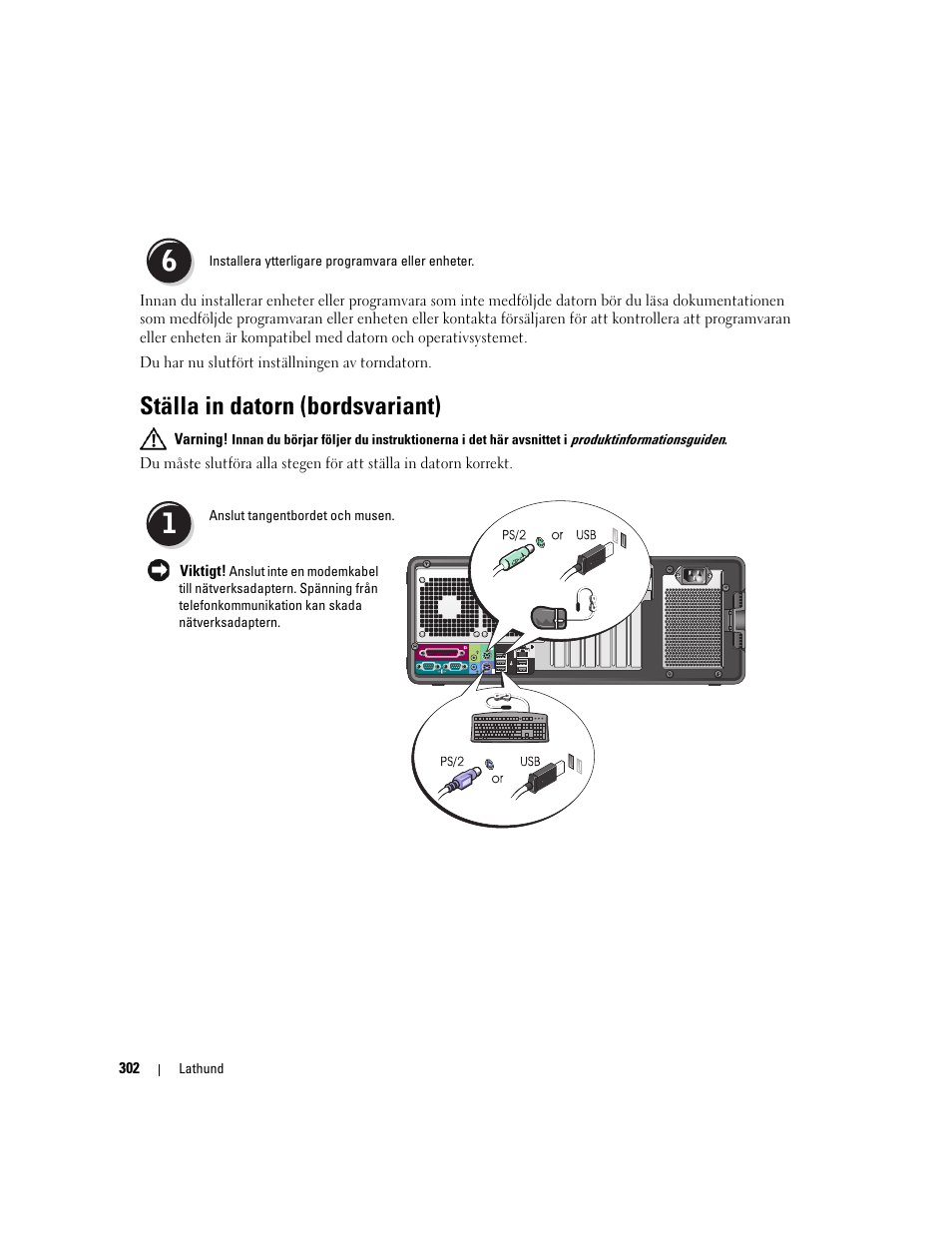 Ställa in datorn (bordsvariant) | Dell Precision 490 User Manual | Page 302 / 380