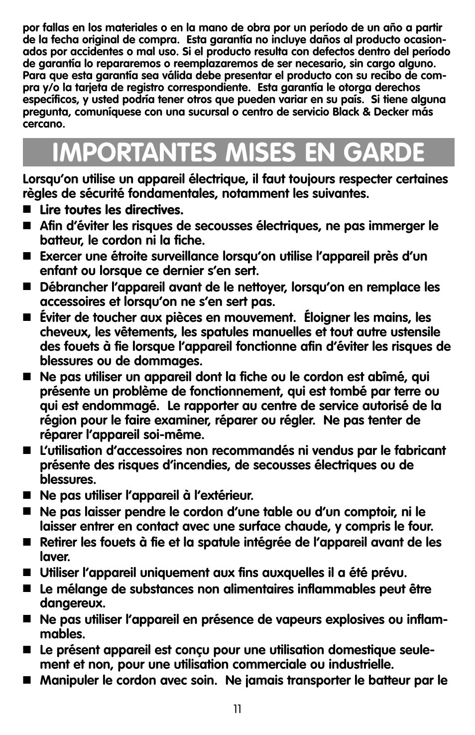 Mises en garde, Importantes mises en garde | Black & Decker EHM90 User Manual | Page 11 / 16