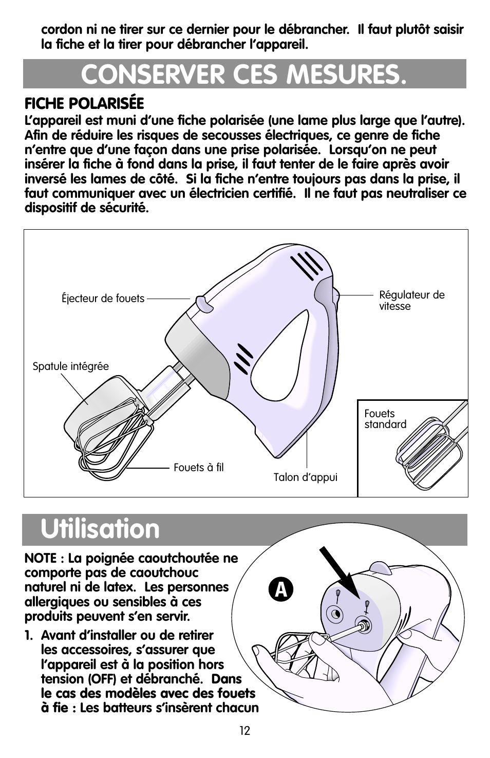 Utilisation, Conserver ces mesures | Black & Decker EHM90 User Manual | Page 12 / 16