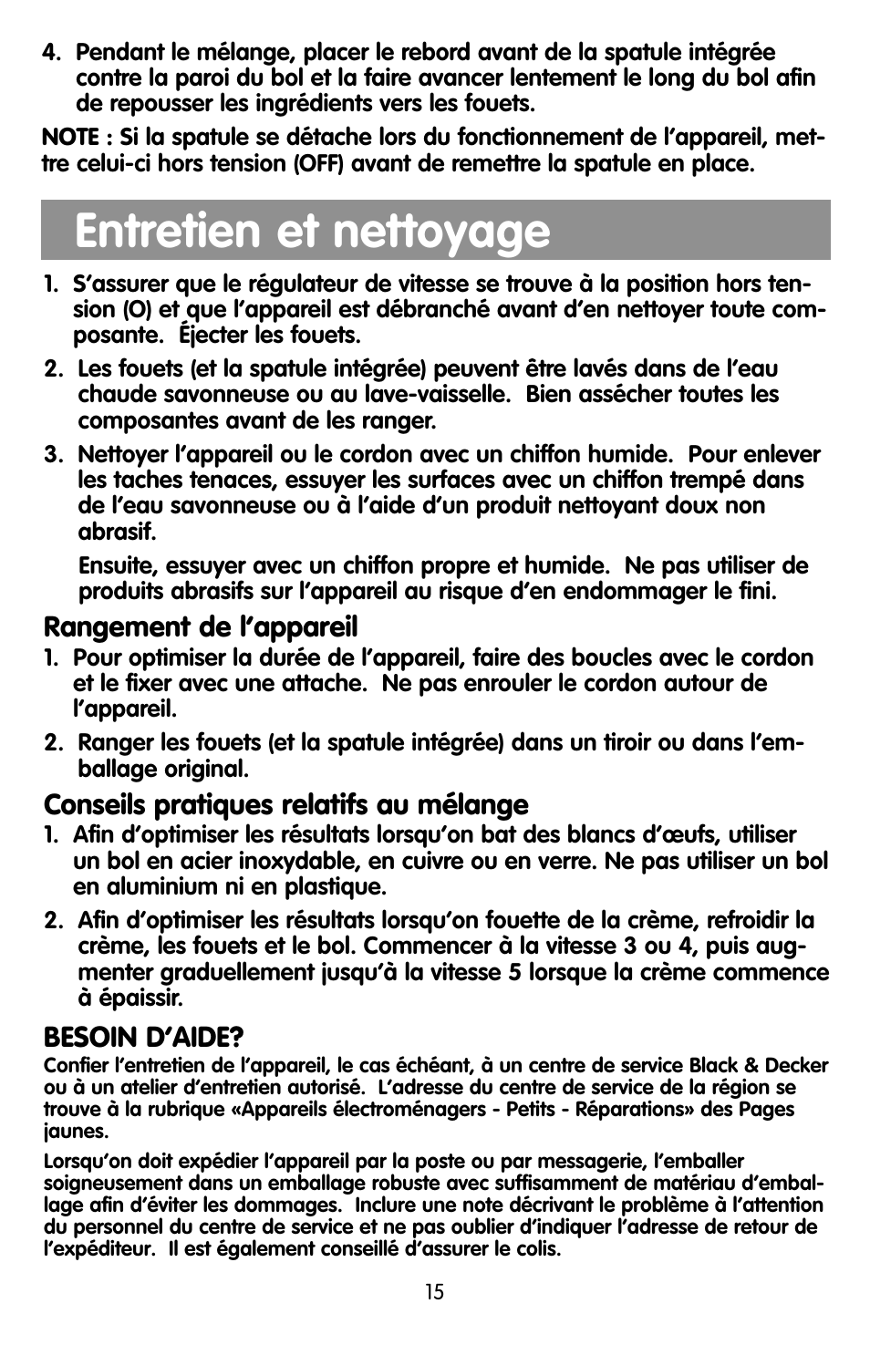 Bsoin d'aide, Entretien et nettoyage, Rangement de l’appareil | Conseils pratiques relatifs au mélange, Besoin d’aide | Black & Decker EHM90 User Manual | Page 15 / 16