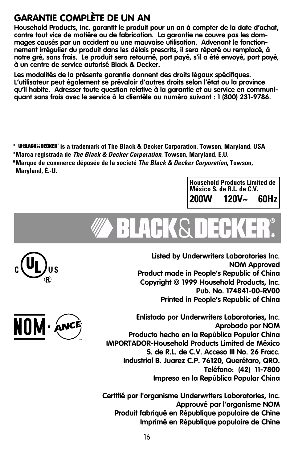 Garantie complète de un an | Black & Decker EHM90 User Manual | Page 16 / 16