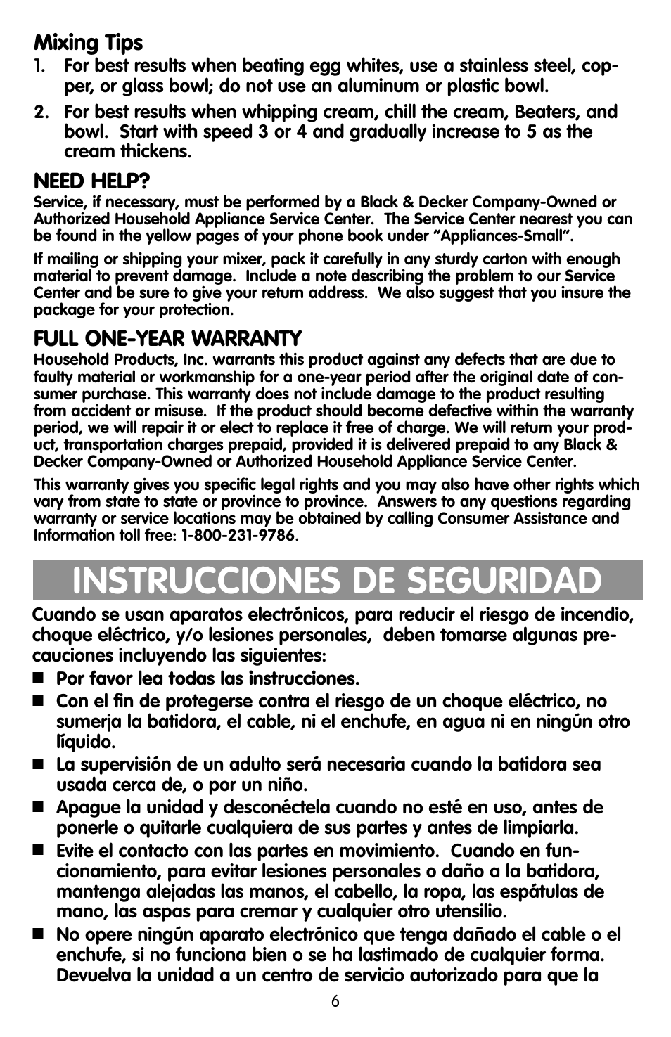 Service/warranty, Seguridad, Instrucciones de seguridad | Mixing tips, Need help, Full one-year warranty | Black & Decker EHM90 User Manual | Page 6 / 16