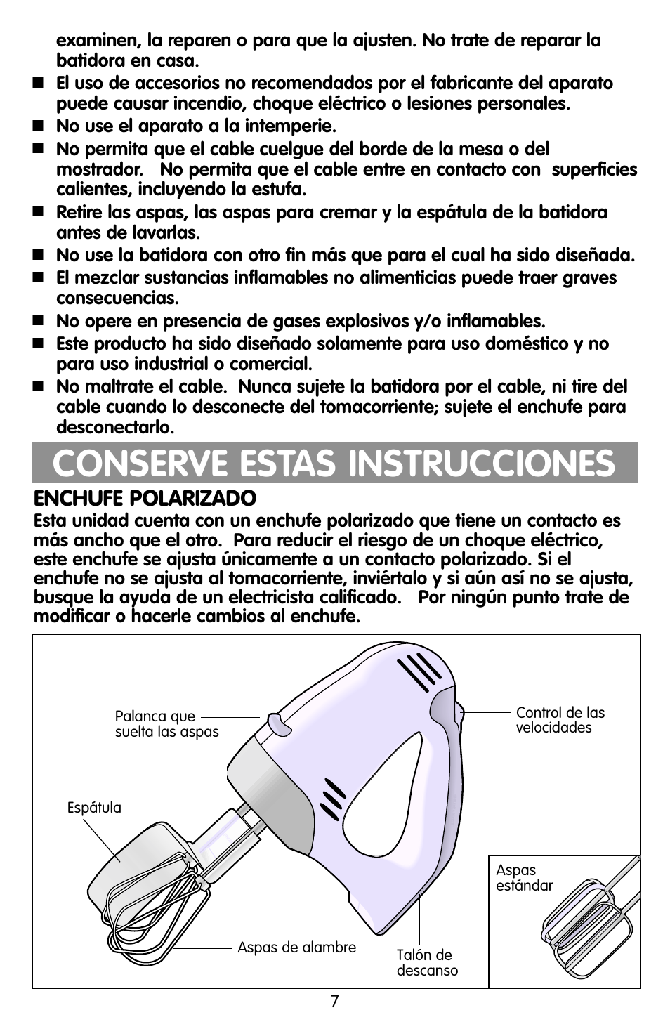 Conserve estas instrucciones, Enchufe polarizado | Black & Decker EHM90 User Manual | Page 7 / 16