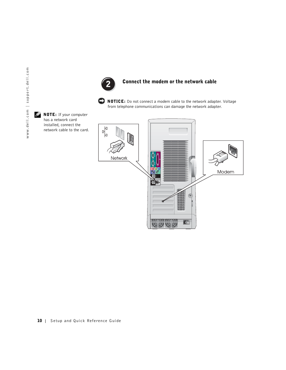 Connect the modem or the network cable | Dell Precision 650 User Manual | Page 10 / 154