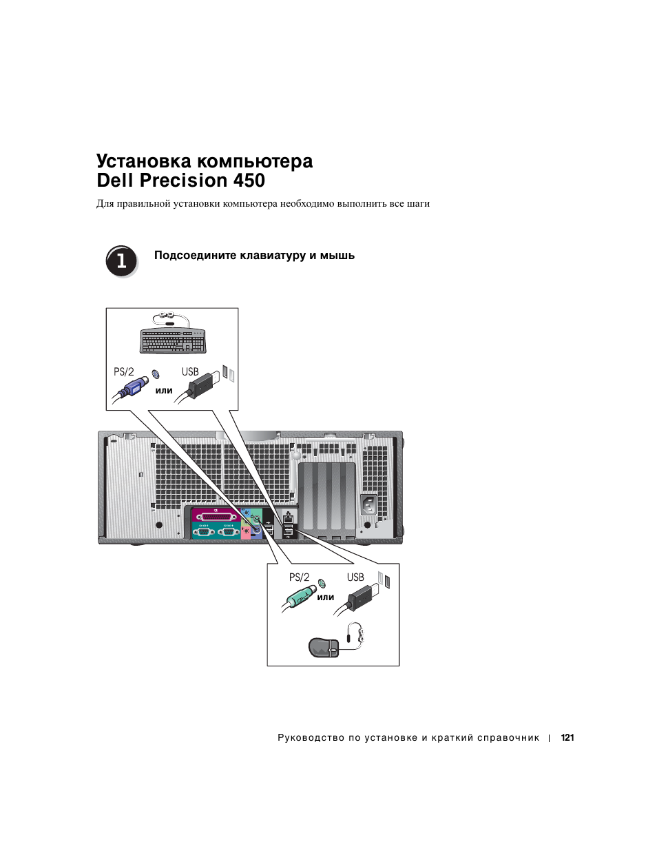 Установка компьютера dell precision 450, Подсоедините клавиатуру и мышь | Dell Precision 650 User Manual | Page 121 / 154