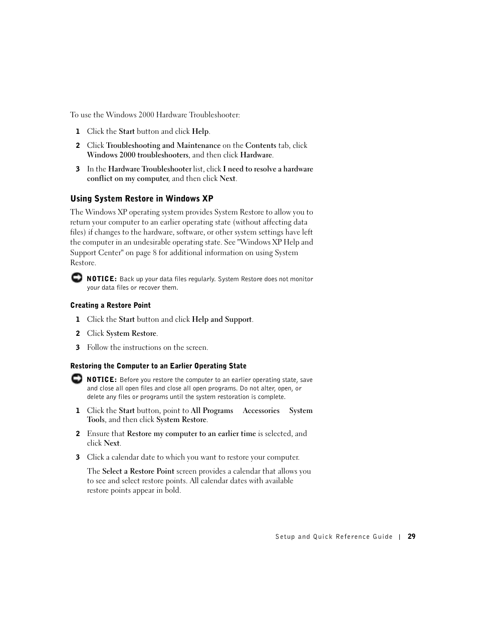 Using system restore in windows xp | Dell Precision 650 User Manual | Page 29 / 154