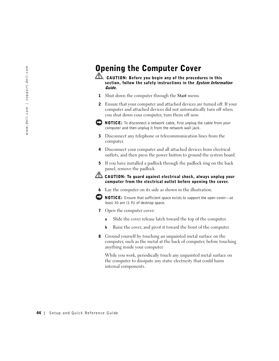 Opening the computer cover | Dell Precision 650 User Manual | Page 44 / 154