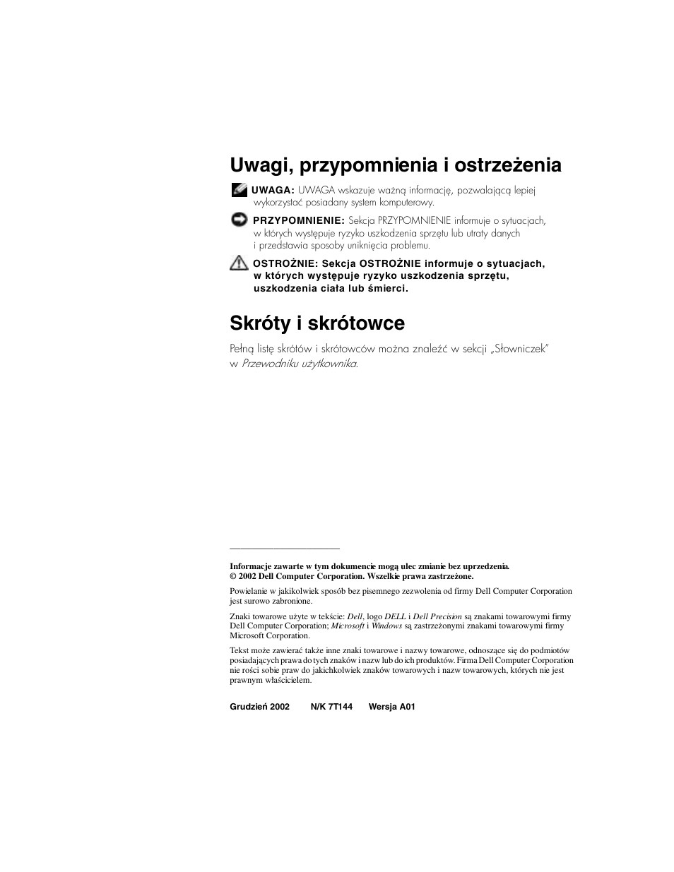 Uwagi, przypomnienia i ostrzeżenia, Skróty i skrótowce | Dell Precision 650 User Manual | Page 50 / 154