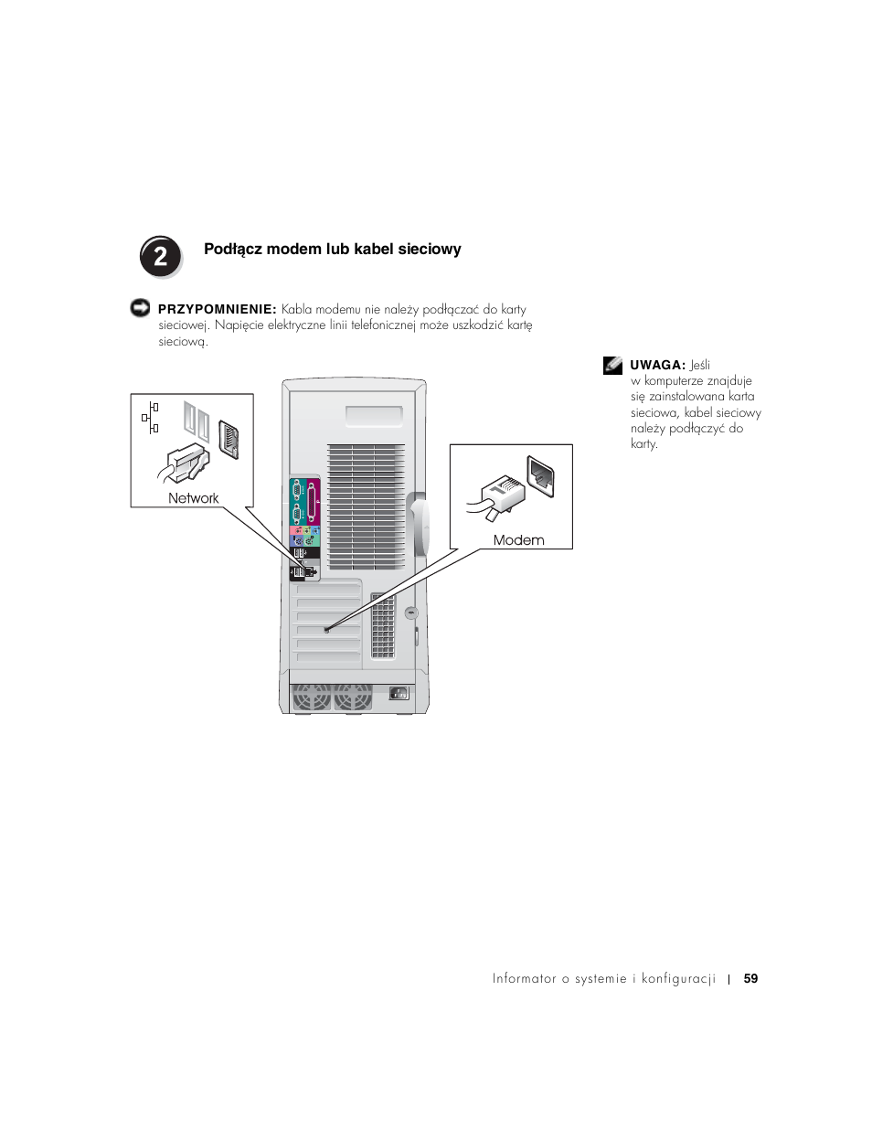 Podłącz modem lub kabel sieciowy, Podłécz modem lub kabel sieciowy | Dell Precision 650 User Manual | Page 59 / 154