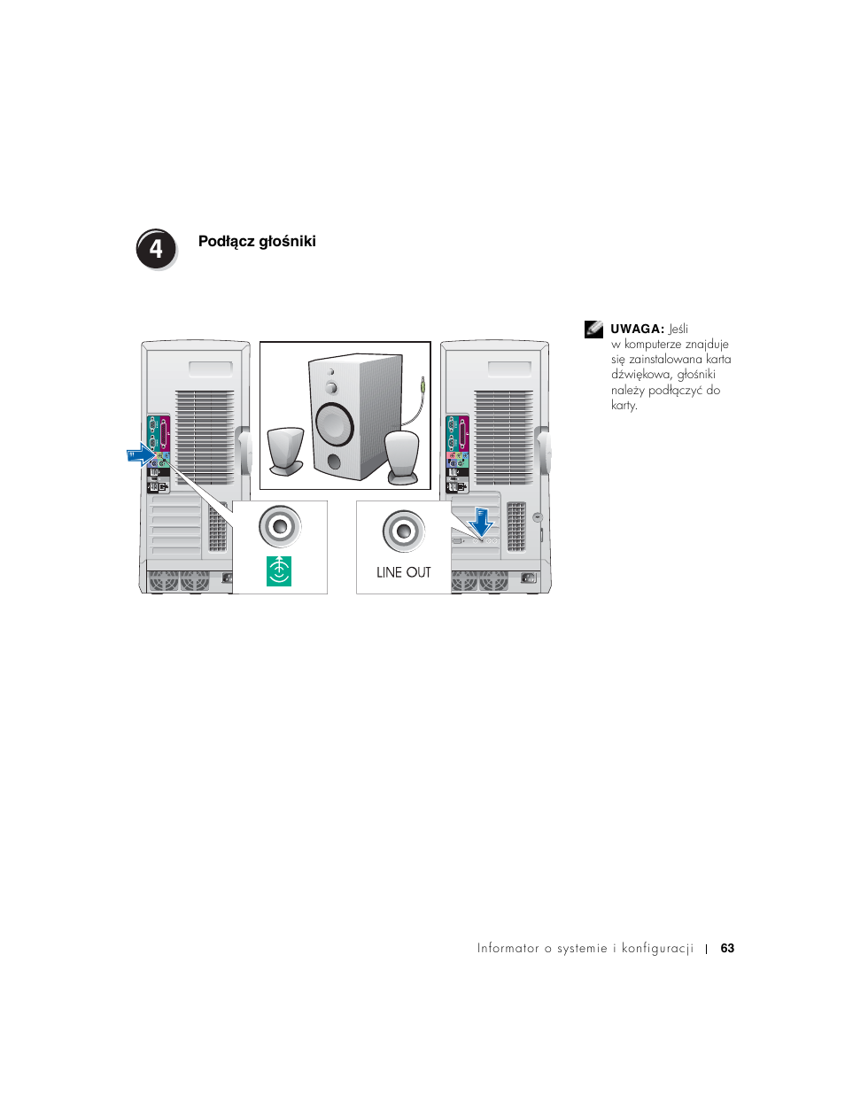 Podłącz głośniki, Podłécz głoʘniki | Dell Precision 650 User Manual | Page 63 / 154
