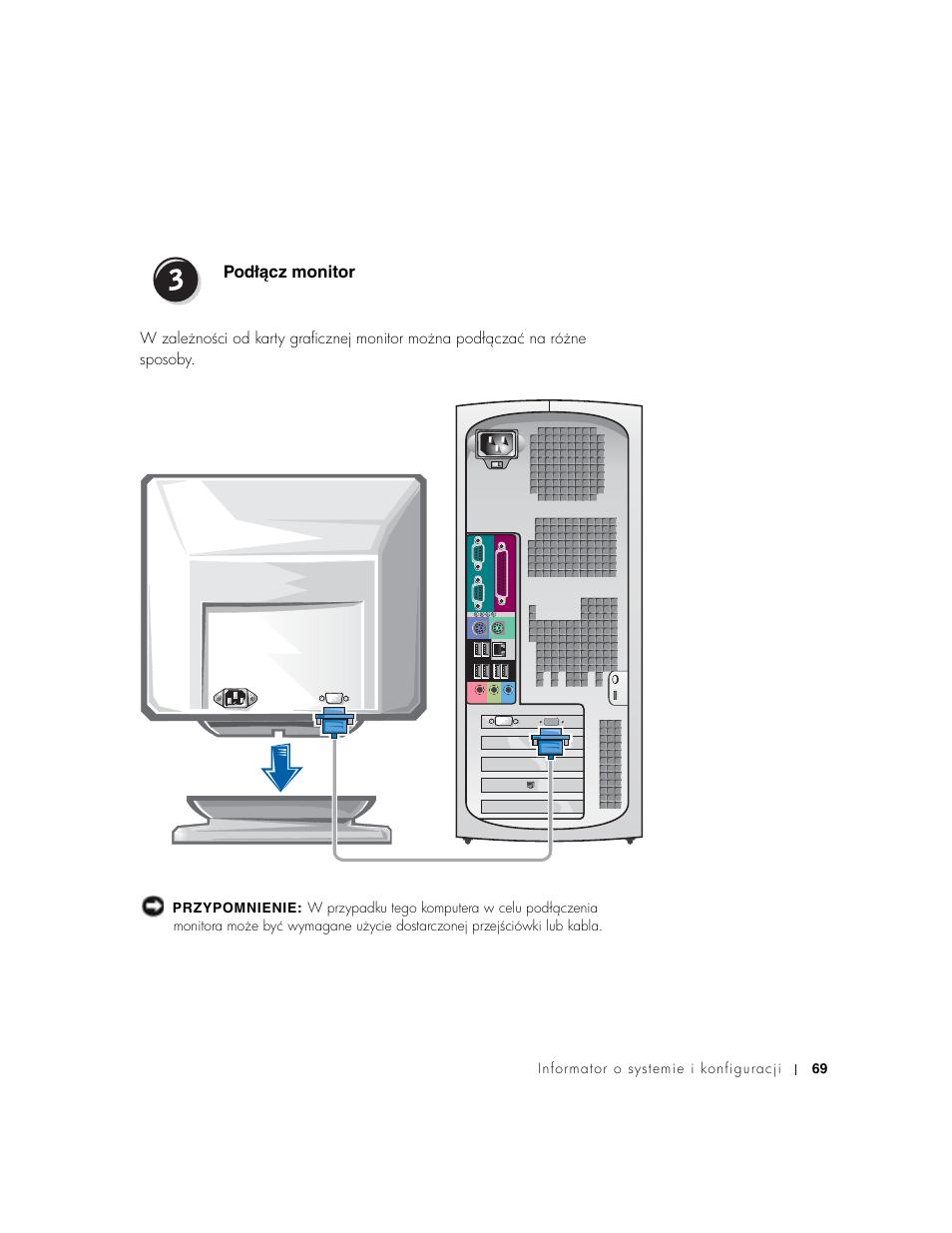 Podłącz monitor, Podłécz monitor, Informator o systemie i konfiguracji 69 | Dell Precision 650 User Manual | Page 69 / 154