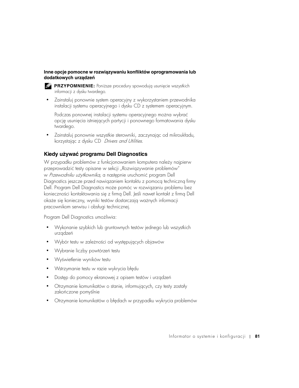 Kiedy używać programu dell diagnostics, Kiedy uɥywać programu dell diagnostics | Dell Precision 650 User Manual | Page 81 / 154
