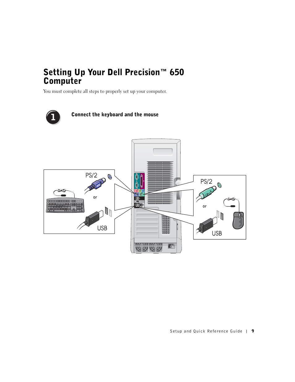 Setting up your dell precision™ 650 computer, Connect the keyboard and the mouse | Dell Precision 650 User Manual | Page 9 / 154