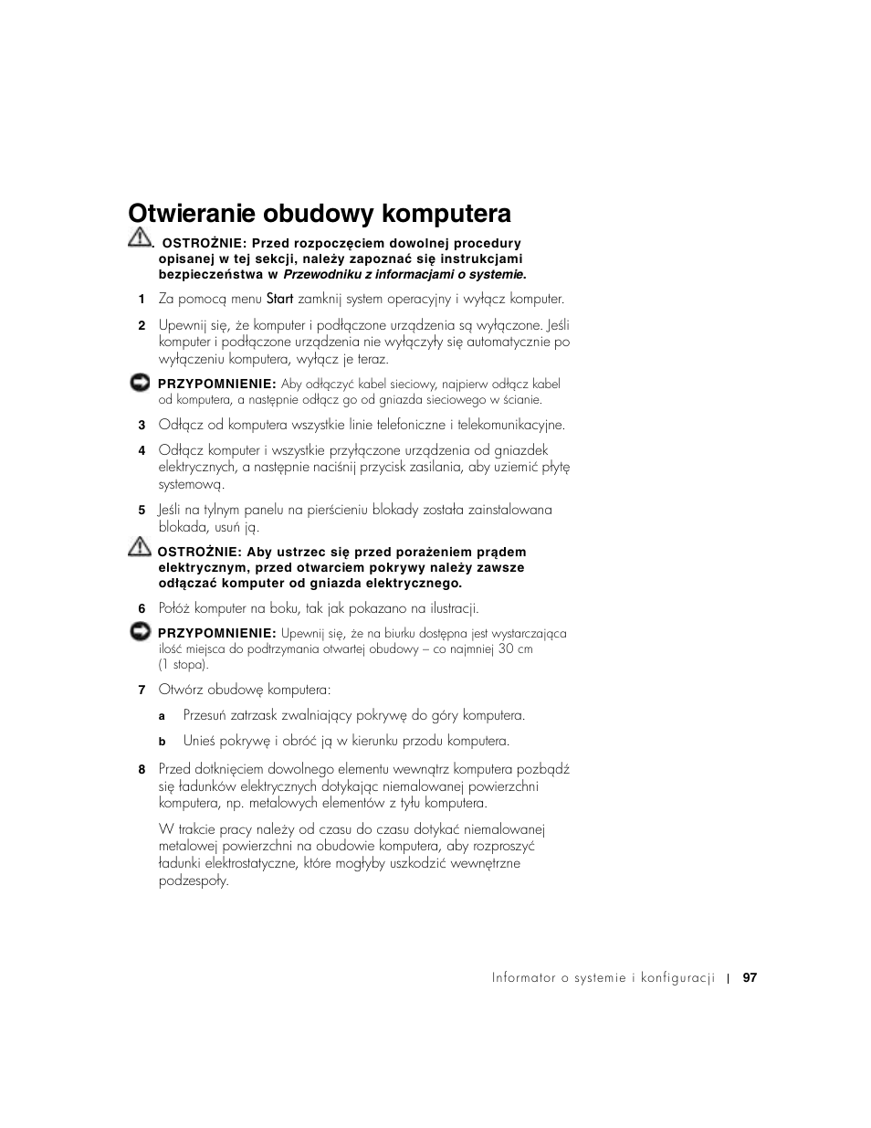 Otwieranie obudowy komputera | Dell Precision 650 User Manual | Page 97 / 154