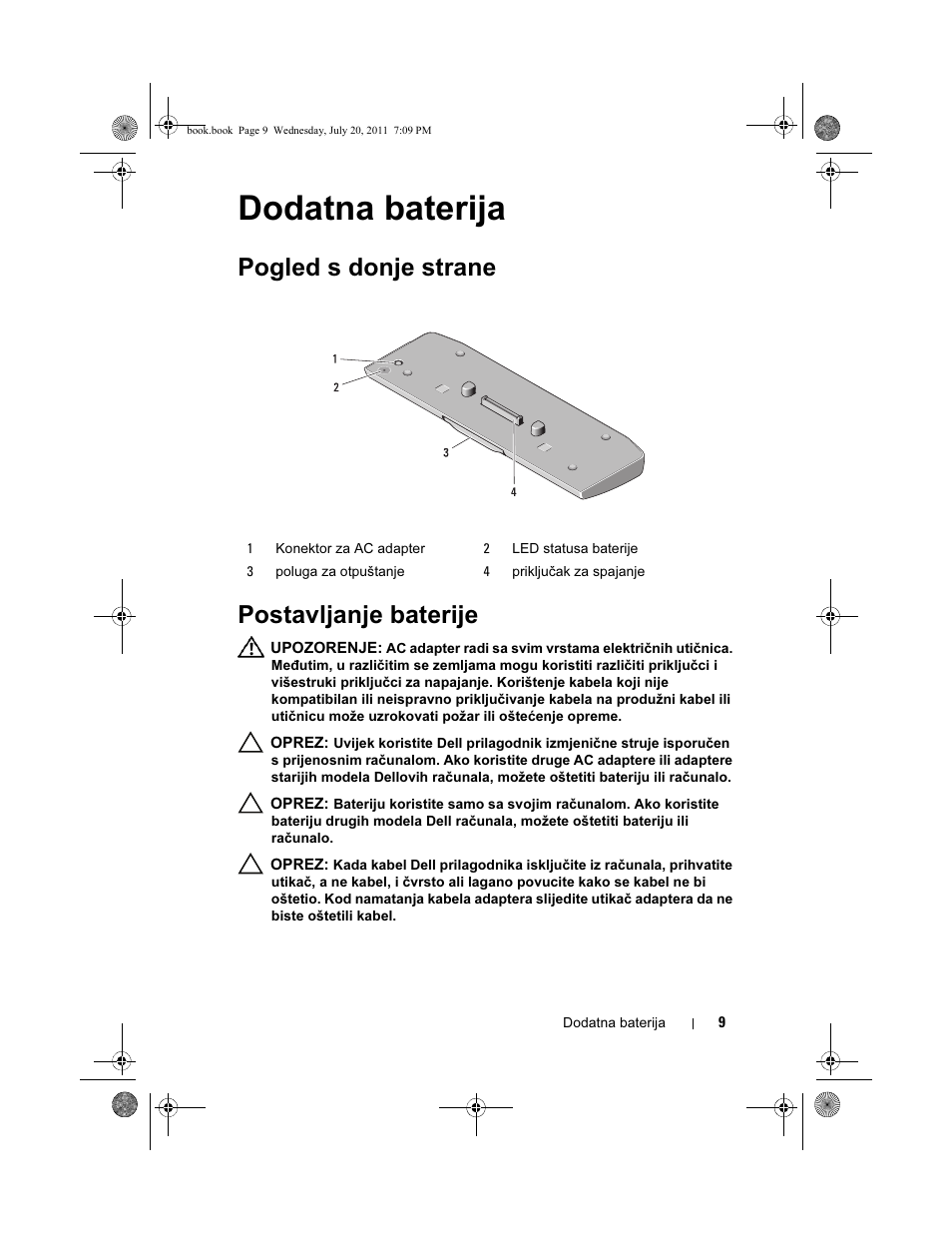Dodatna baterija, Pogled s donje strane postavljanje baterije | Dell Latitude E5520M (Early 2011) User Manual | Page 11 / 96
