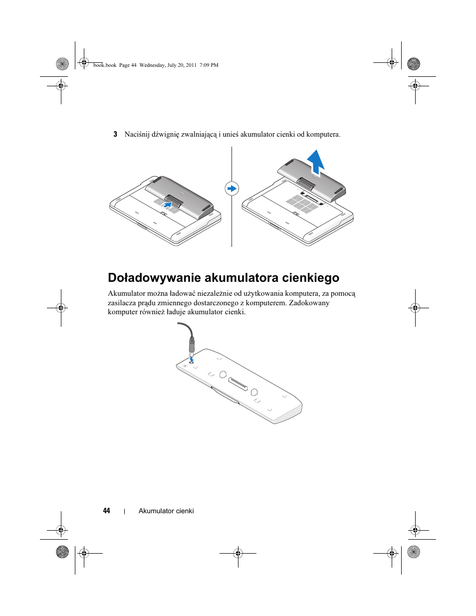 Doładowywanie akumulatora cienkiego | Dell Latitude E5520M (Early 2011) User Manual | Page 46 / 96