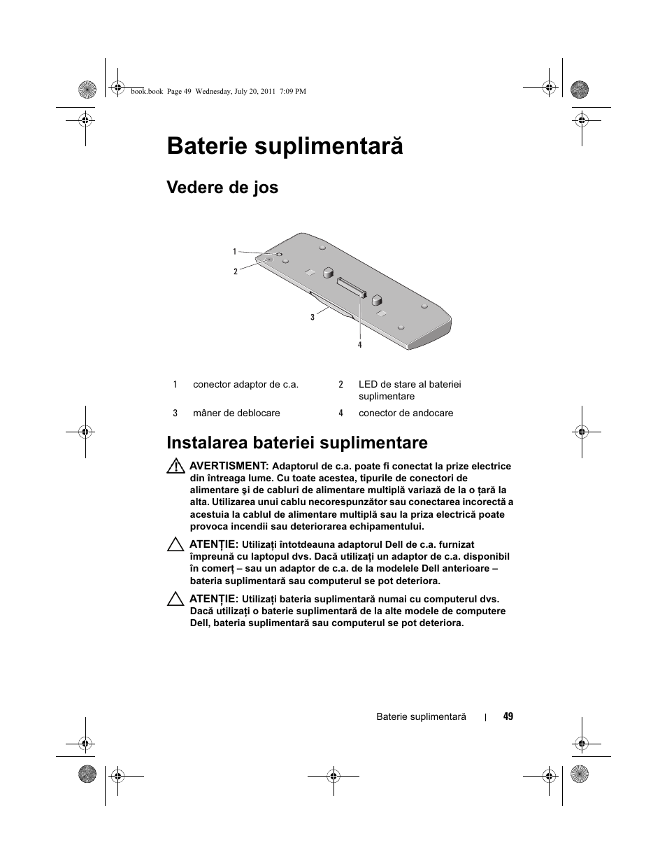 Baterie suplimentară, Vedere de jos instalarea bateriei suplimentare | Dell Latitude E5520M (Early 2011) User Manual | Page 51 / 96