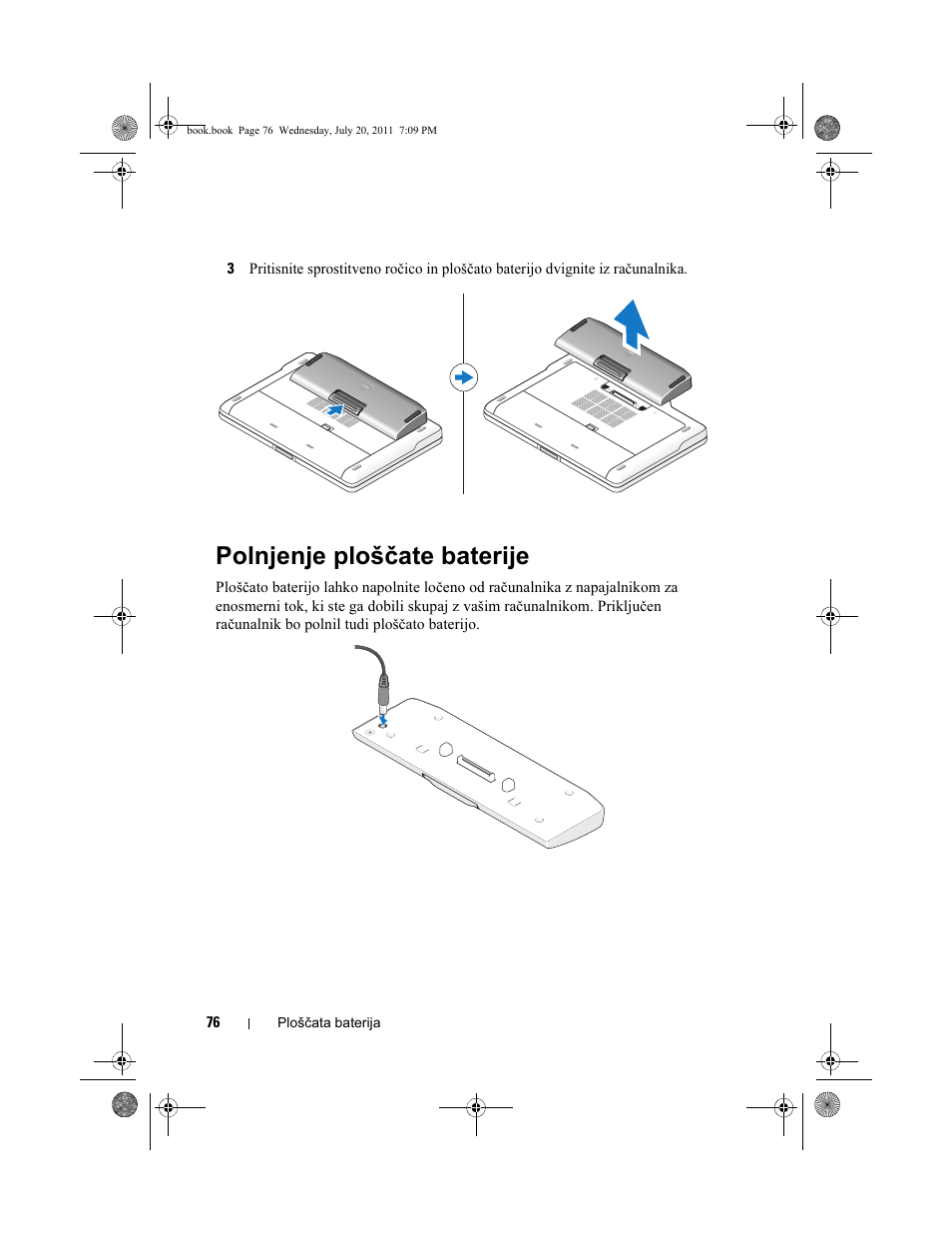 Polnjenje ploščate baterije | Dell Latitude E5520M (Early 2011) User Manual | Page 78 / 96