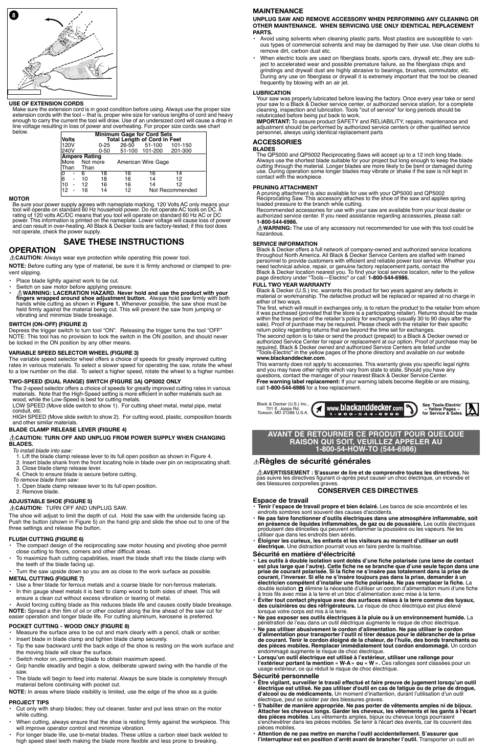 Save these instructions, Règles de sécurité générales, Operation | Black & Decker Quantum Pro QP5002 User Manual | Page 2 / 5