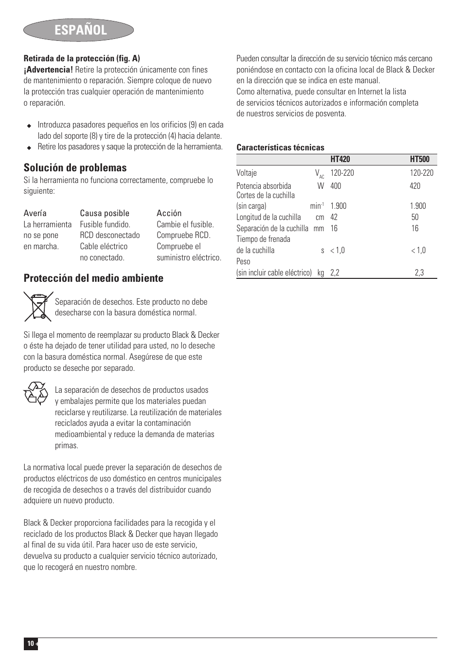 Español, Solución de problemas, Protección del medio ambiente | Black & Decker HT420 User Manual | Page 10 / 12