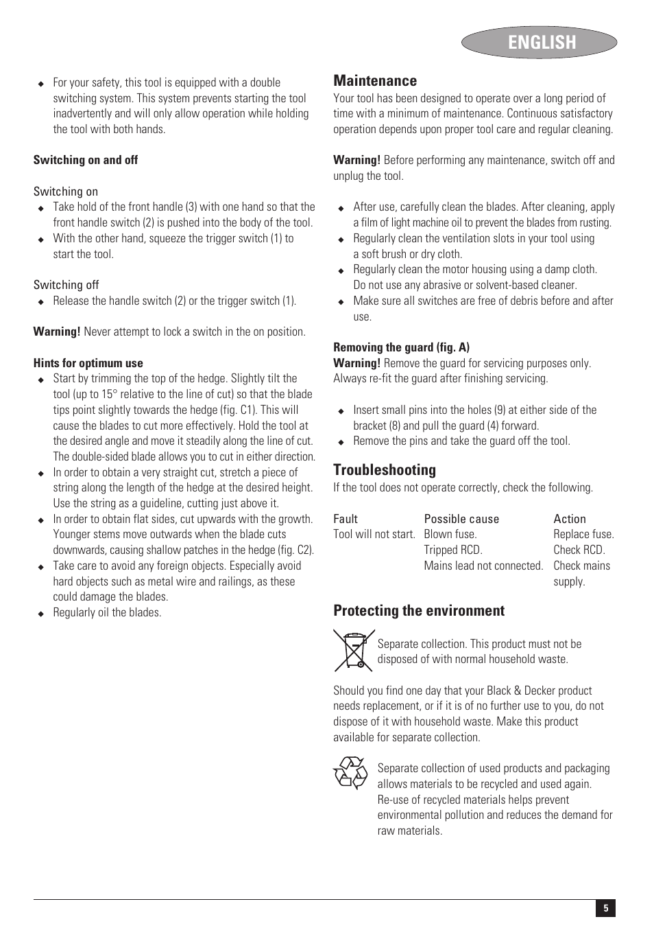 English, Maintenance, Troubleshooting | Protecting the environment | Black & Decker HT420 User Manual | Page 5 / 12