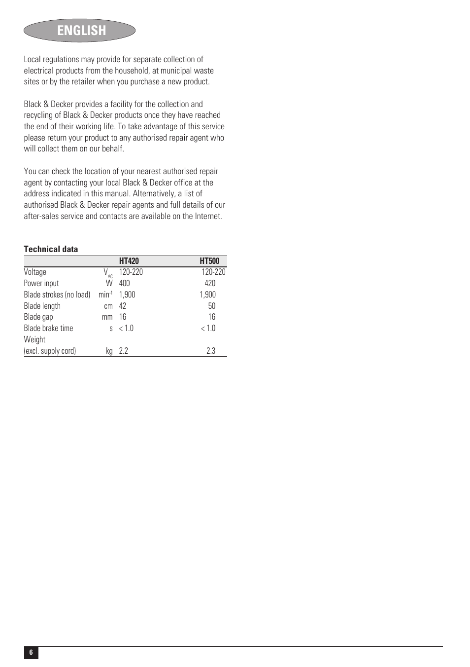 English | Black & Decker HT420 User Manual | Page 6 / 12