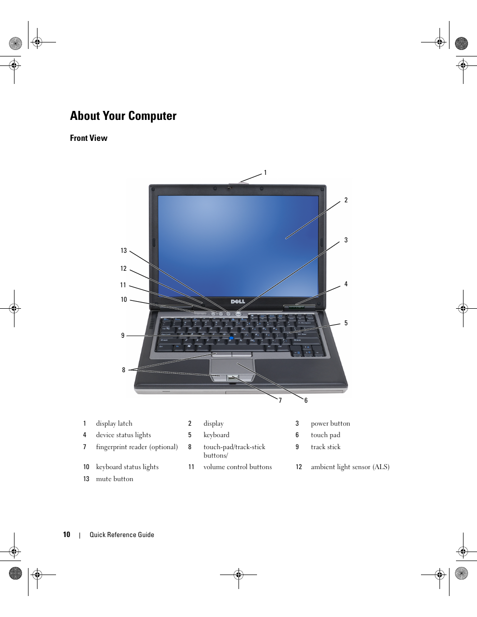 About your computer, Front view | Dell Latitude D630C (Late 2008) User Manual | Page 10 / 168