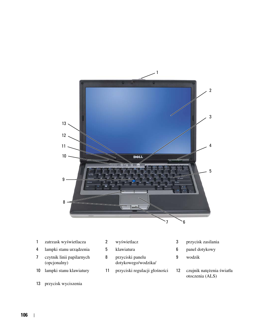 Informacje o komputerze, Widok z przodu | Dell Latitude D630C (Late 2008) User Manual | Page 106 / 168