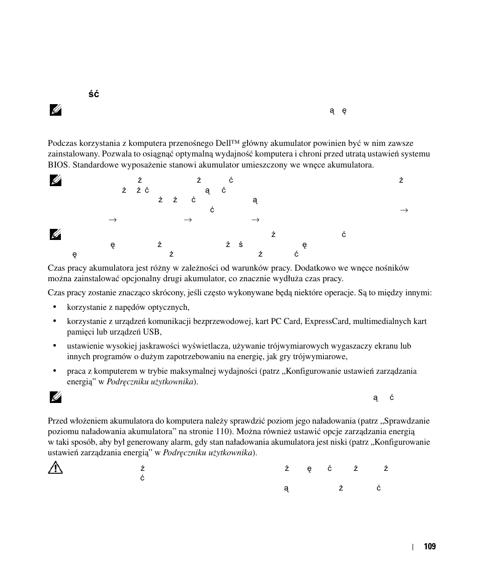Korzystanie z akumulatora, Wydajność akumulatora, Wydajno | Akumulatora, Wydajno ść akumulatora | Dell Latitude D630C (Late 2008) User Manual | Page 109 / 168