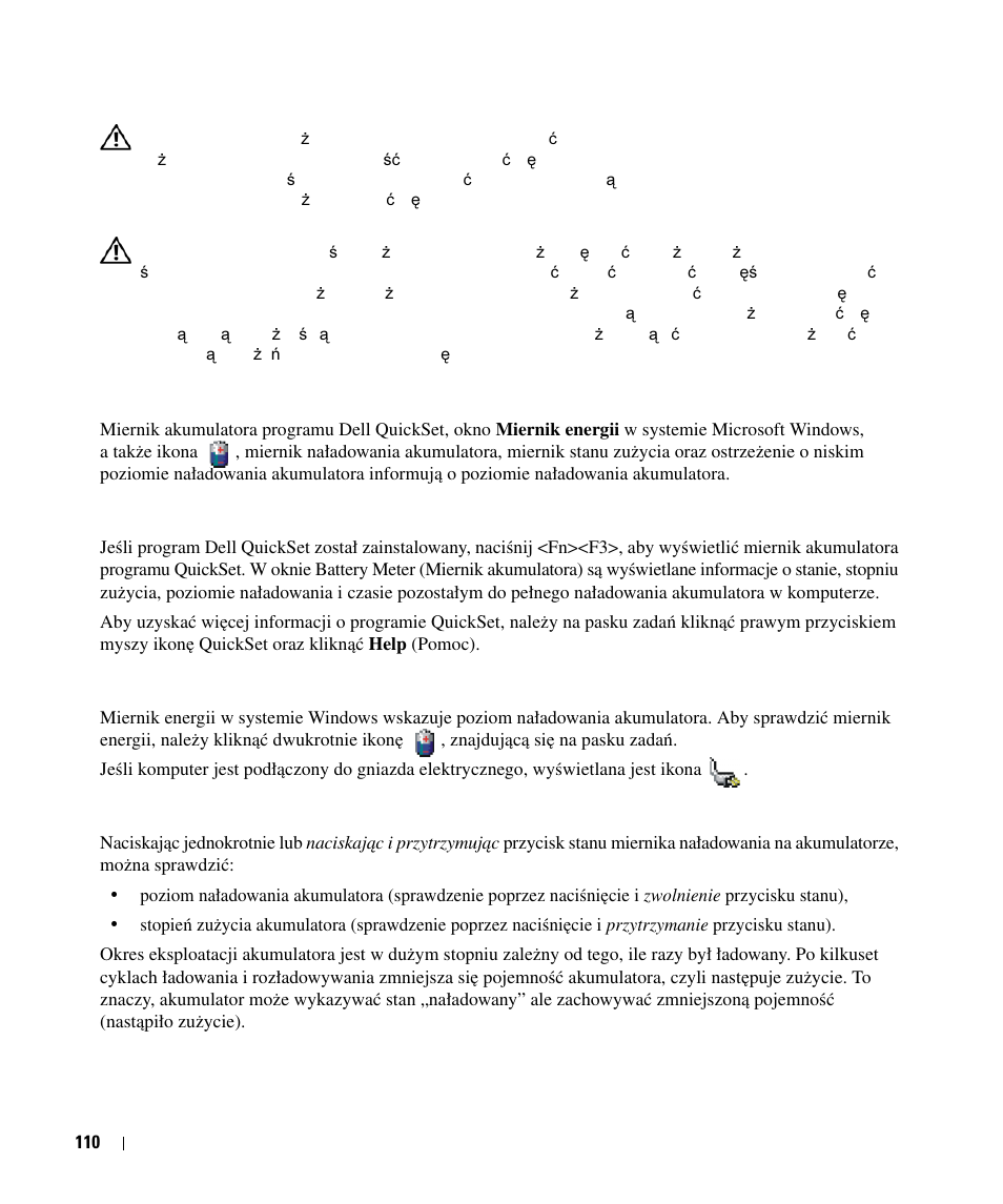 Sprawdzanie poziomu naładowania akumulatora | Dell Latitude D630C (Late 2008) User Manual | Page 110 / 168